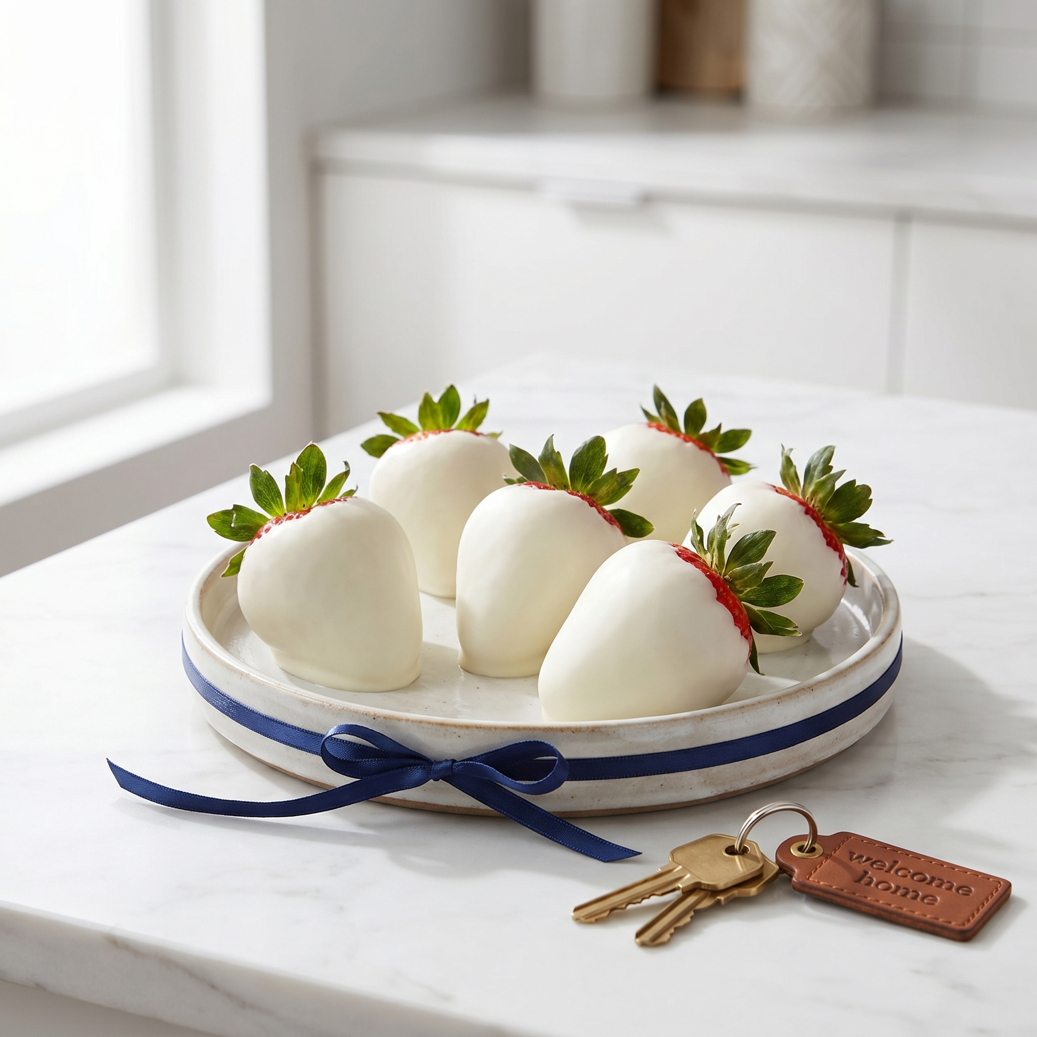 Six white-chocolate-dipped strawberries on a ceramic plate beside a brass welcome-home keychain on a white marble counter.