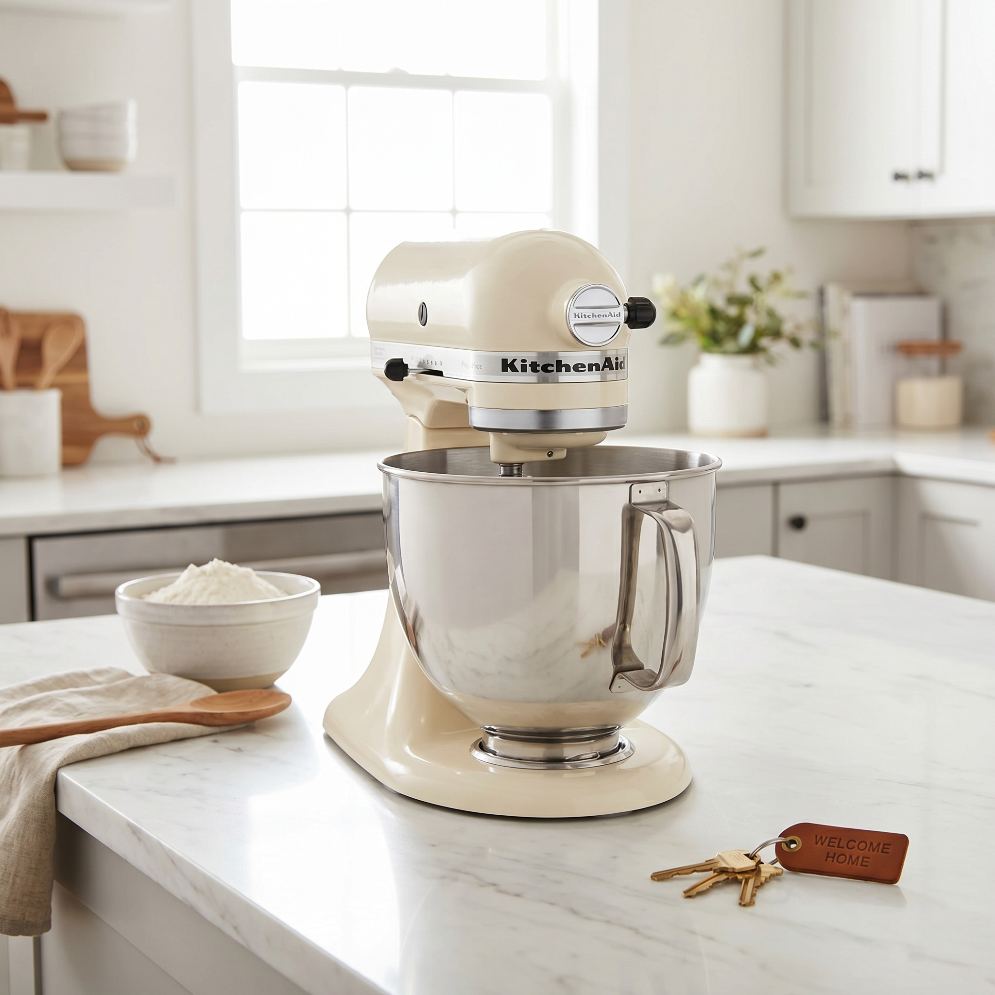 KitchenAid Stand Mixer on a modern kitchen counter in a bright staged home beside house keys.