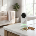 Owlet Baby Monitor in retail packaging staged on a modern kitchen counter beside house keys.