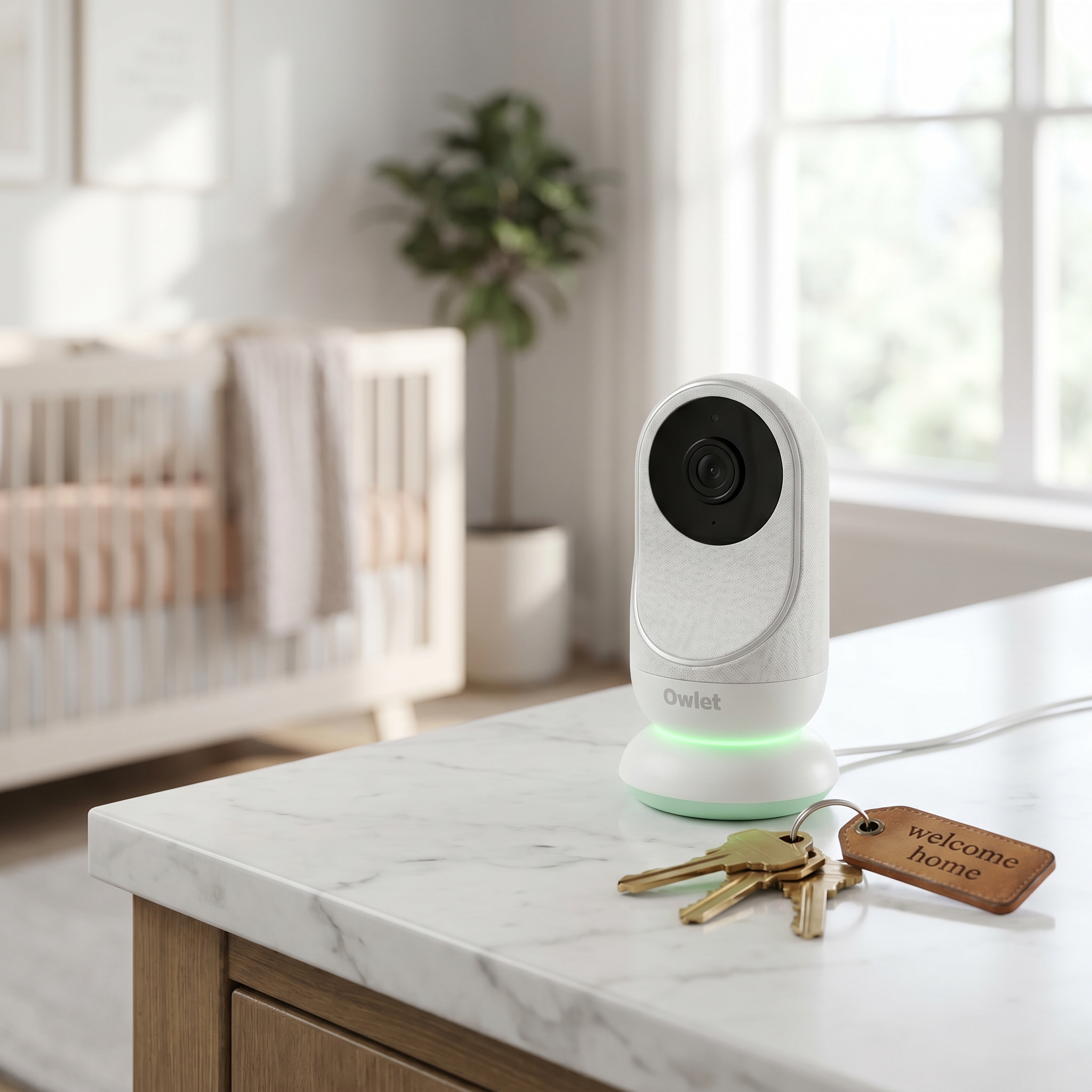 Owlet Baby Monitor in retail packaging staged on a modern kitchen counter beside house keys.