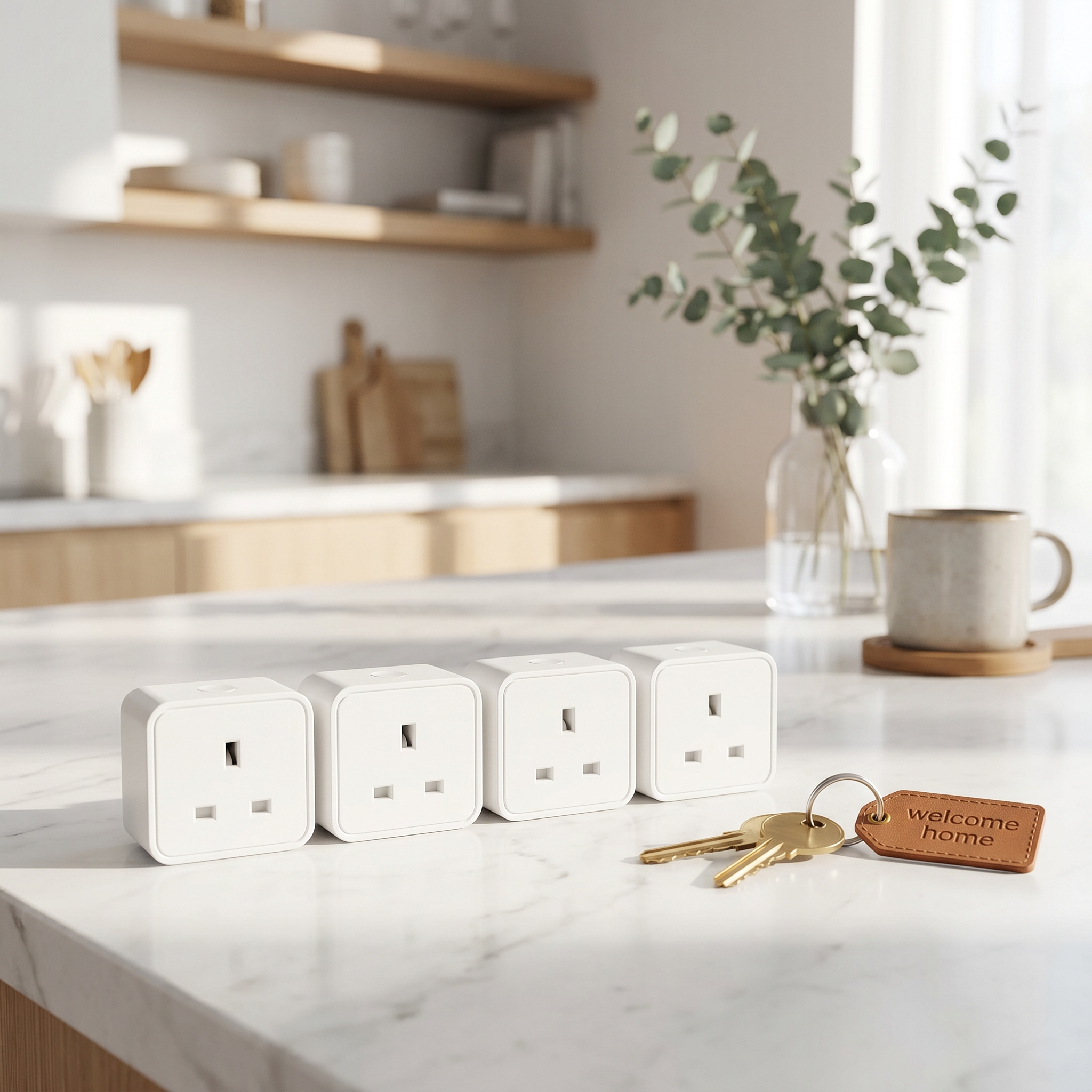 Smart Outlets (4-Pack) in retail packaging staged on a modern kitchen counter beside house keys.