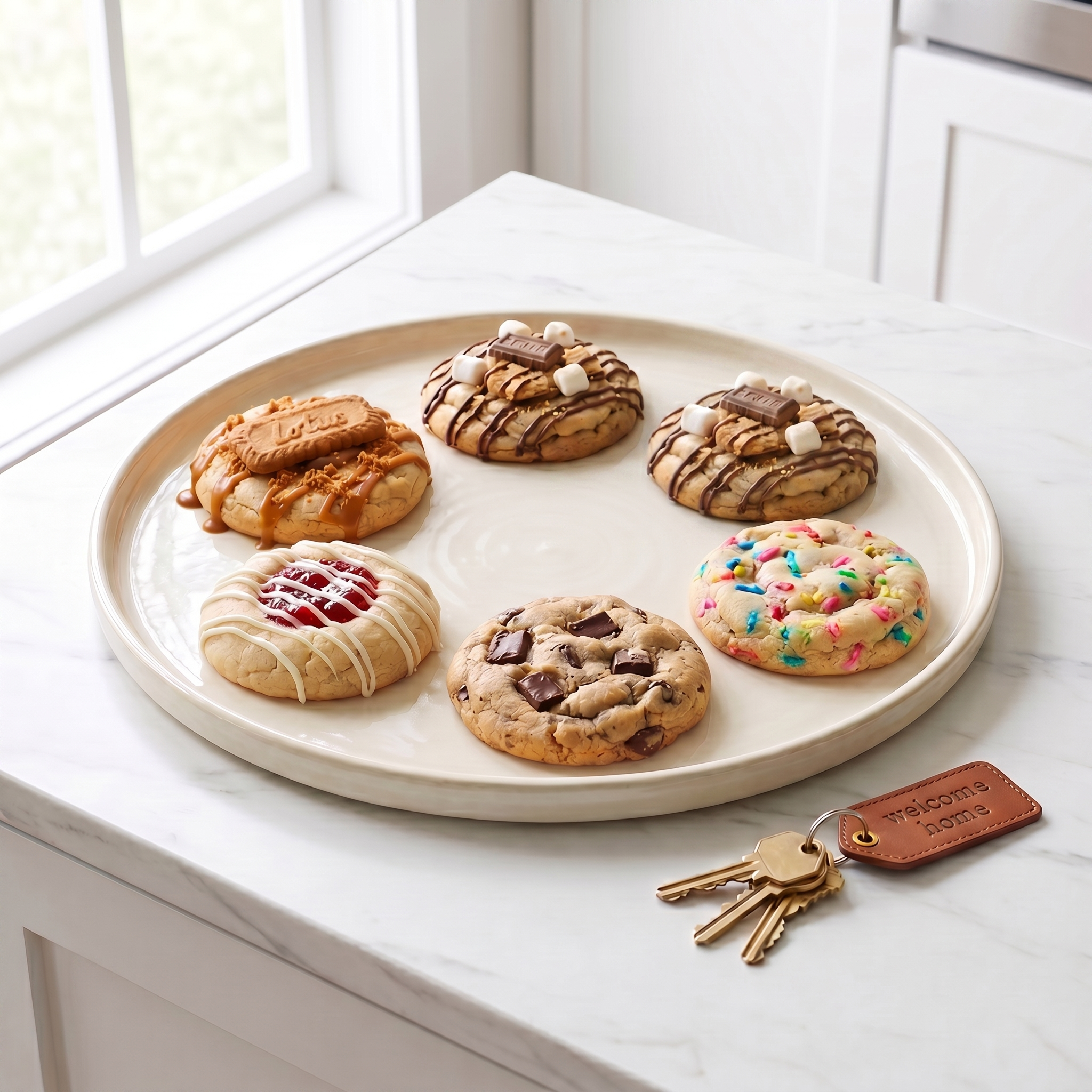 Six assorted artisan welcome-home cookies on a ceramic plate beside brass house keys with a leather welcome-home tag on a white marble counter.