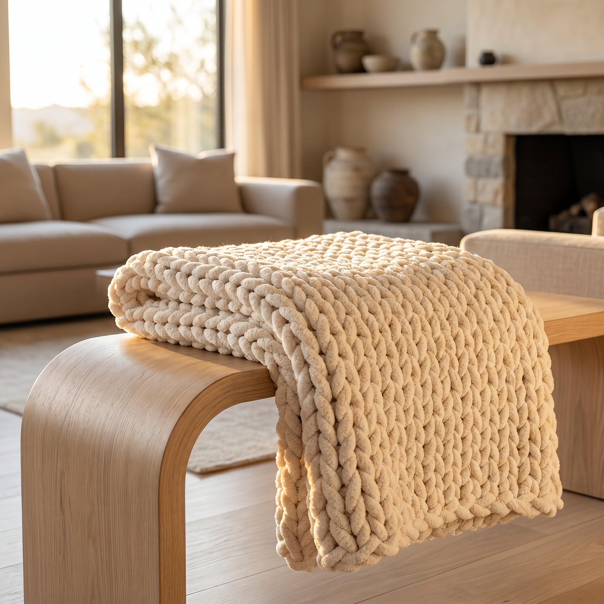 Chunky Hand-Knit Organic Cotton throw blanket, Cream