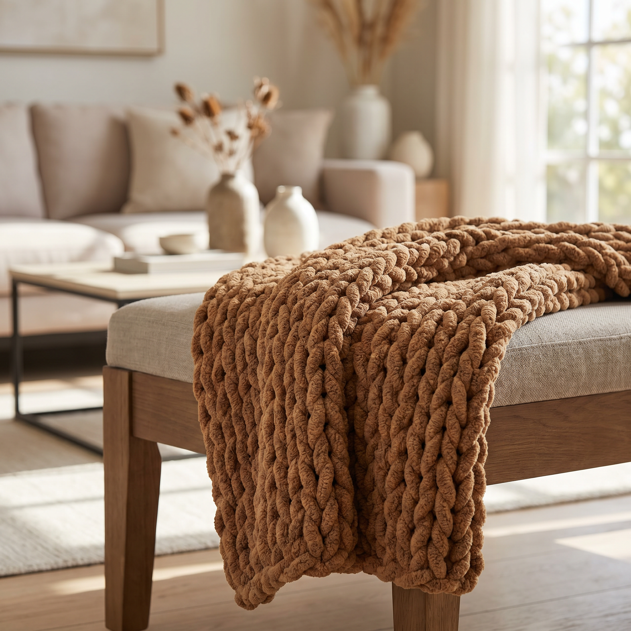 Chunky Hand-Knit Organic Cotton throw blanket, Earth Tones