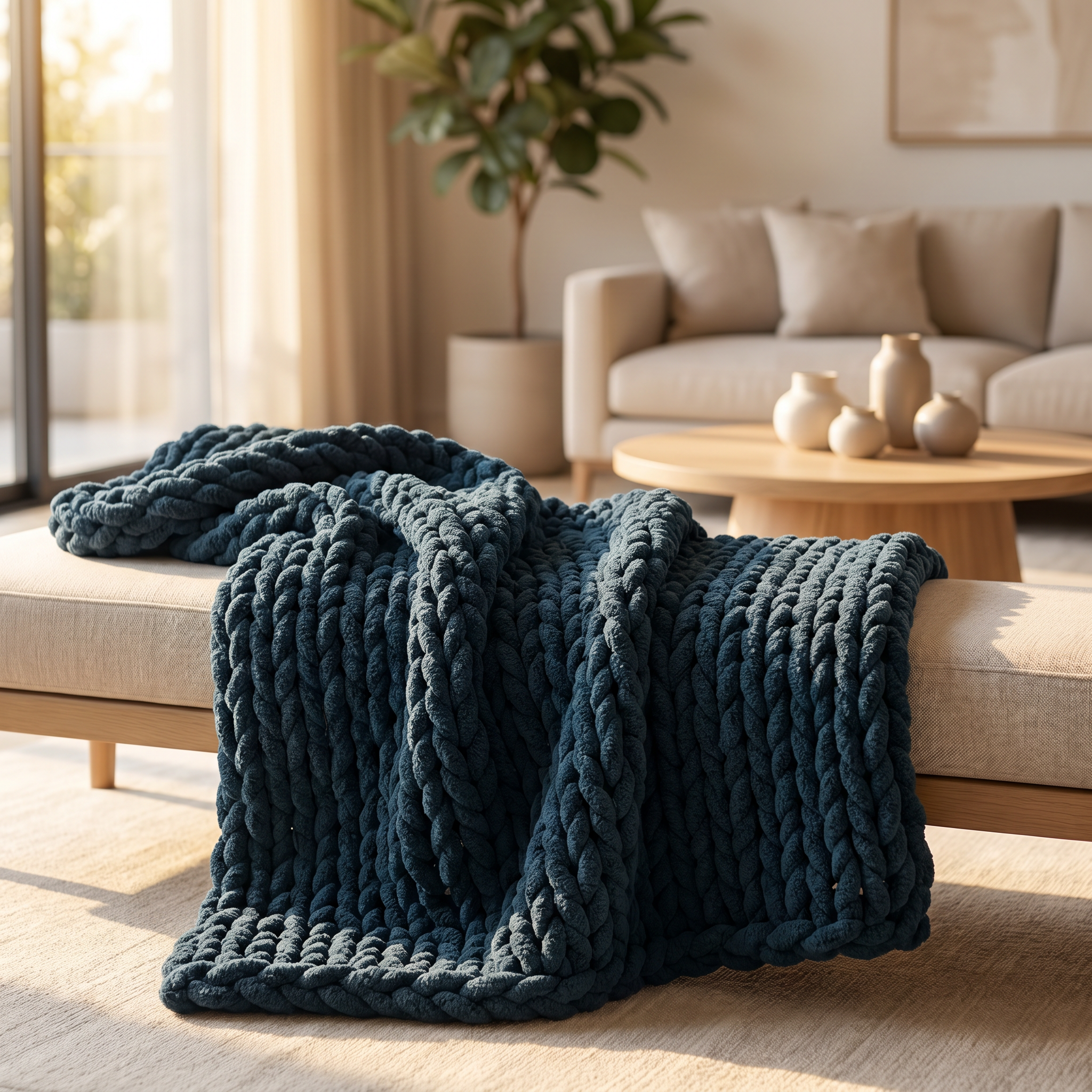 Chunky Hand-Knit Organic Cotton throw blanket, Navy/Grey
