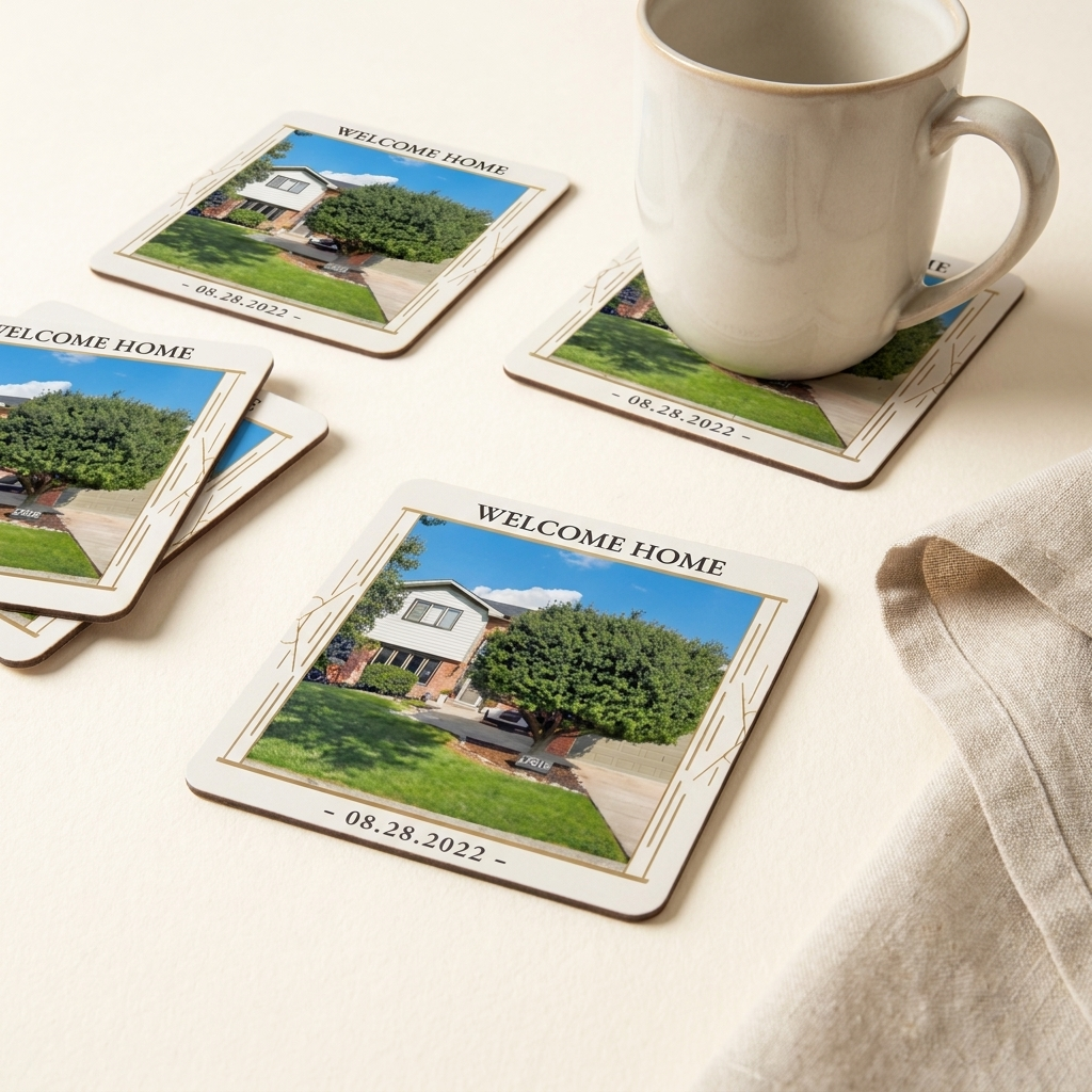 Custom home coasters printed with their new home